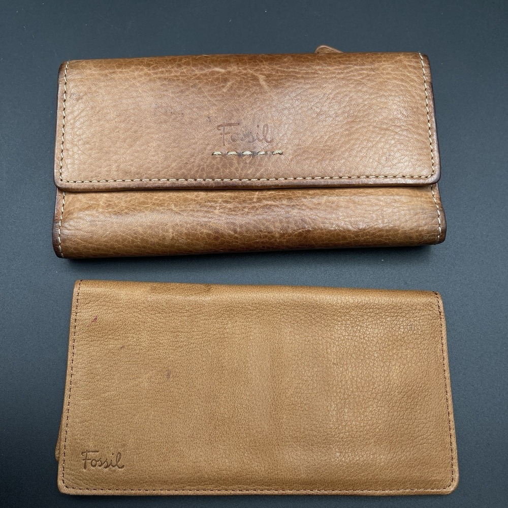 Vintage Fossil Brown Leather Clutch Wallet Checkbook Organizer Snap Closure